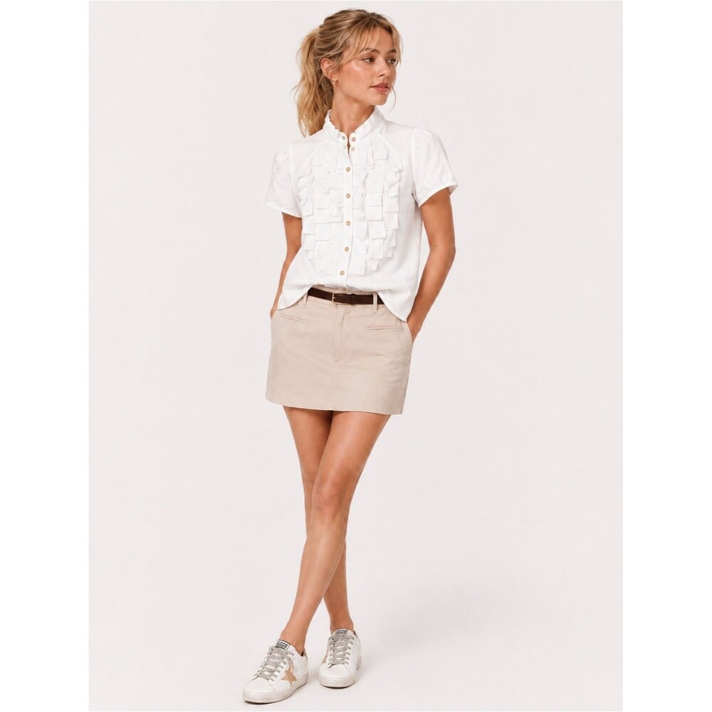 GO International White Cotton Ruffle Button Front Blouse Cottagecore XS Preppy